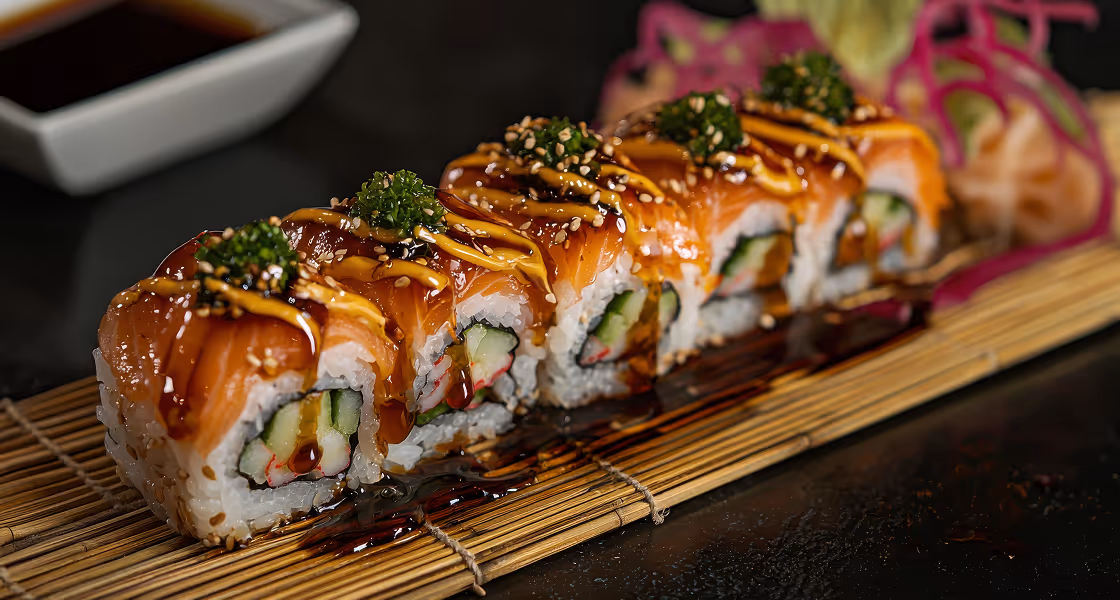 Sushi rolls topped with salmon, drizzled with sauces and garnished with herbs and sesame seeds, served on a bamboo mat.